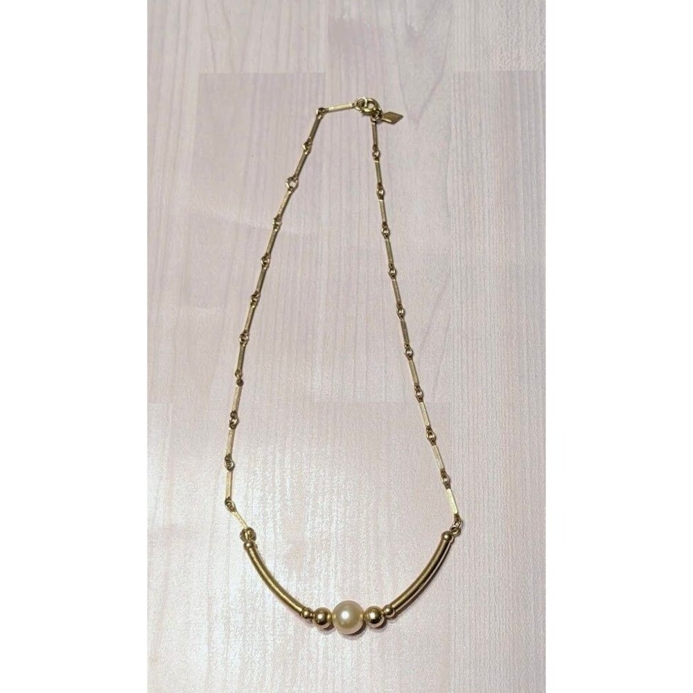 Sarah Coventry Gold Tone Faux Pearl Bead Bar Necklace Vintage Costume Jewelry